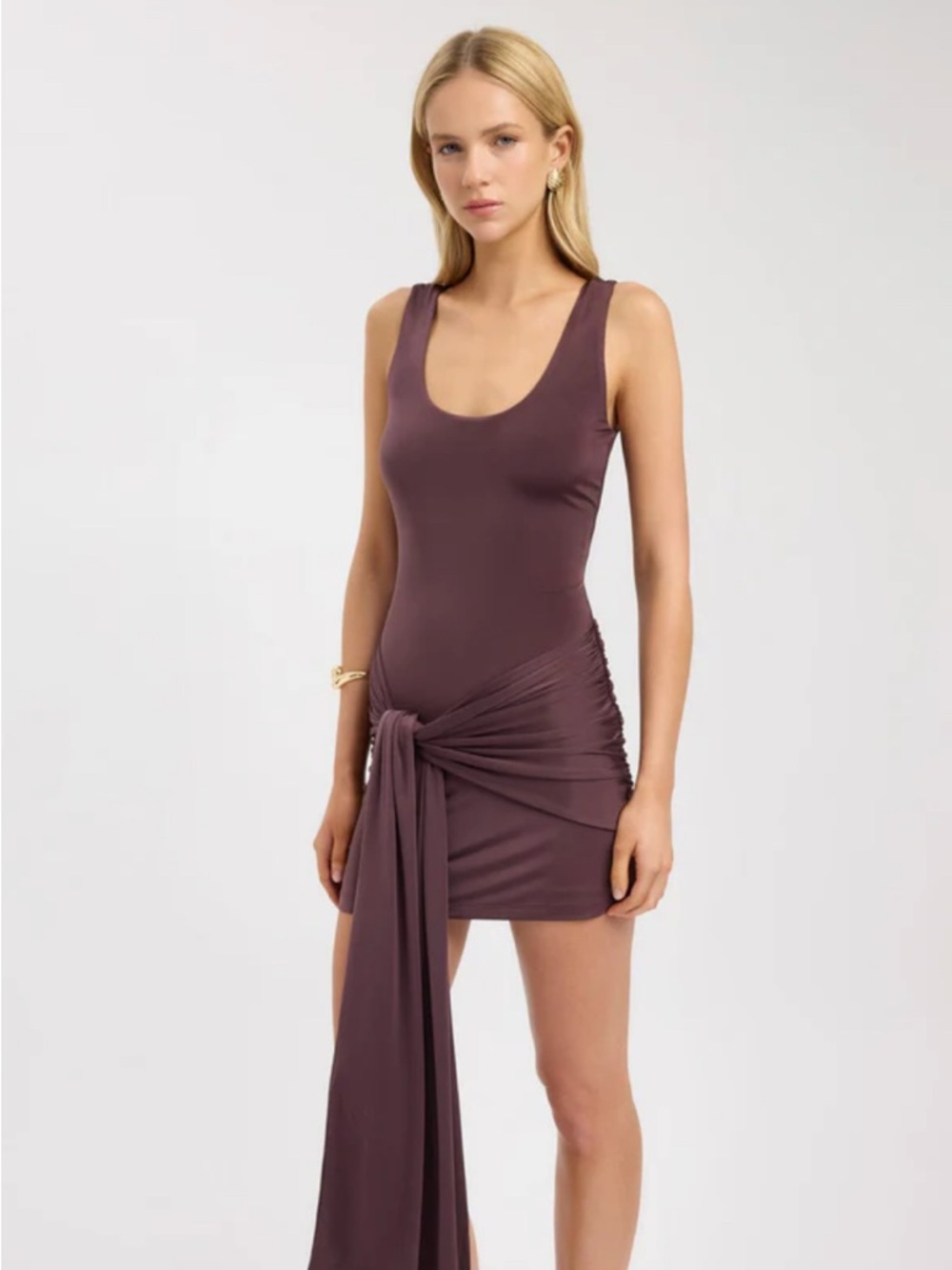 Kookai Dusty Plum Scoop Neck Ruched Tie Mini Dress